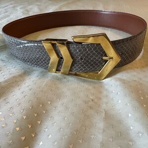 Snakeskin Leather Belt with Gold Geometric Buckle